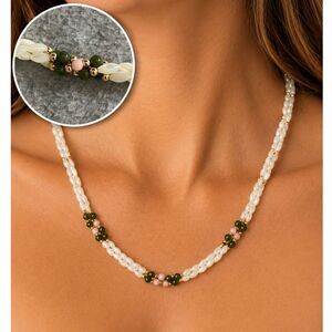 White Beaded Necklace Green Pink Accent Beads Gold Tone 23" Floral Cottagecore